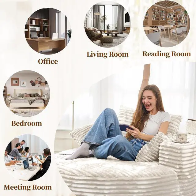 Alt view image 4 of 7 - 55''L 3.5CM Corduroy Single Foam Sofa, Oversized Round Chair with Pillows, Modern Sleeper for Living Rooms, Lounges, Nurseries and Projection Rooms, Wide-Arm Lounge Chair Armchair, Beige