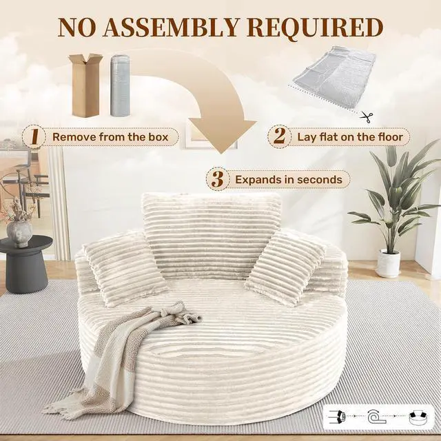 Alt view image 5 of 7 - 55''L 3.5CM Corduroy Single Foam Sofa, Oversized Round Chair with Pillows, Modern Sleeper for Living Rooms, Lounges, Nurseries and Projection Rooms, Wide-Arm Lounge Chair Armchair, Beige