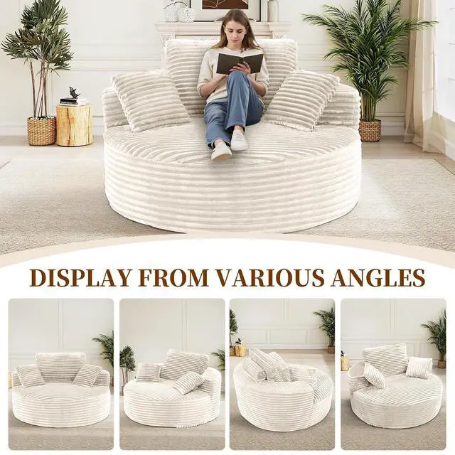 Alt view image 6 of 7 - 55''L 3.5CM Corduroy Single Foam Sofa, Oversized Round Chair with Pillows, Modern Sleeper for Living Rooms, Lounges, Nurseries and Projection Rooms, Wide-Arm Lounge Chair Armchair, Beige