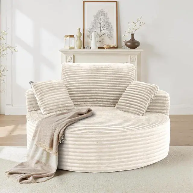 Alt view image 7 of 7 - 55''L 3.5CM Corduroy Single Foam Sofa, Oversized Round Chair with Pillows, Modern Sleeper for Living Rooms, Lounges, Nurseries and Projection Rooms, Wide-Arm Lounge Chair Armchair, Beige