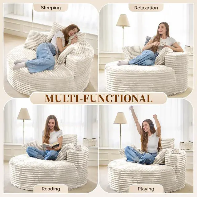Alt view image 3 of 7 - 55''L 3.5CM Corduroy Single Foam Sofa, Oversized Round Chair with Pillows, Modern Sleeper for Living Rooms, Lounges, Nurseries and Projection Rooms, Wide-Arm Lounge Chair Armchair, Beige