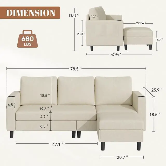 Alt view image 2 of 7 - Upholstered Sectional Sofa and Couches, 78'' L Shaped 3-seat Sofa forLiving Room, Apartment, Lounge,Bedroom-Washable Covers Convertible Sofas(Linen Fabric,Beige