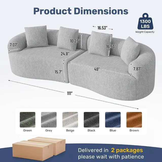 Alt view image 2 of 7 - 110 Modern Curved Sofa,Oversized Couch for Living Room,Cloud Couch with Boneless Couchs,Modular Sectional Sofa with Deep Seat,No Assembly Required,Light Gray