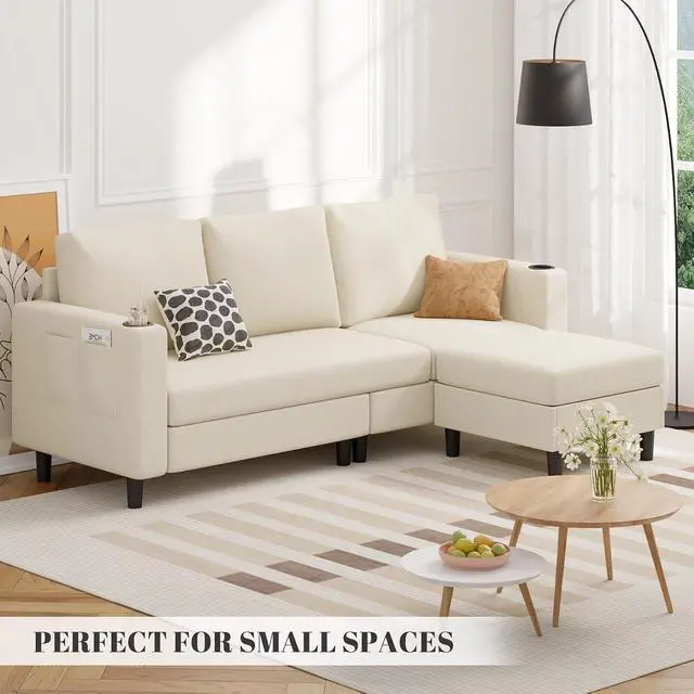 Alt view image 3 of 7 - Upholstered Sectional Sofa and Couches, 78'' L Shaped 3-seat Sofa forLiving Room, Apartment, Lounge,Bedroom-Washable Covers Convertible Sofas(Linen Fabric,Beige