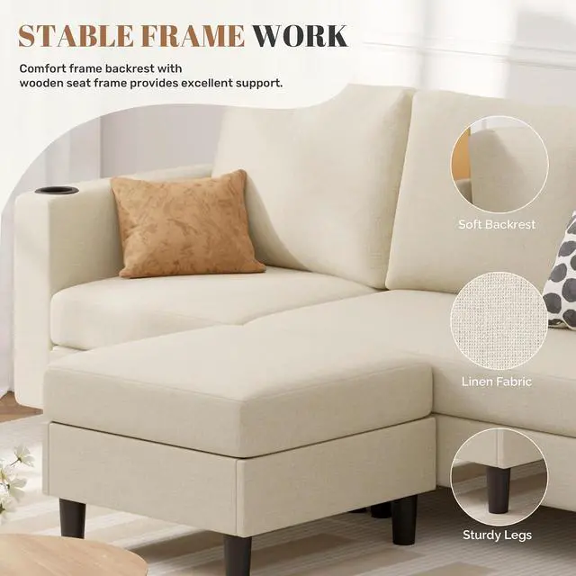 Alt view image 4 of 7 - Upholstered Sectional Sofa and Couches, 78'' L Shaped 3-seat Sofa forLiving Room, Apartment, Lounge,Bedroom-Washable Covers Convertible Sofas(Linen Fabric,Beige