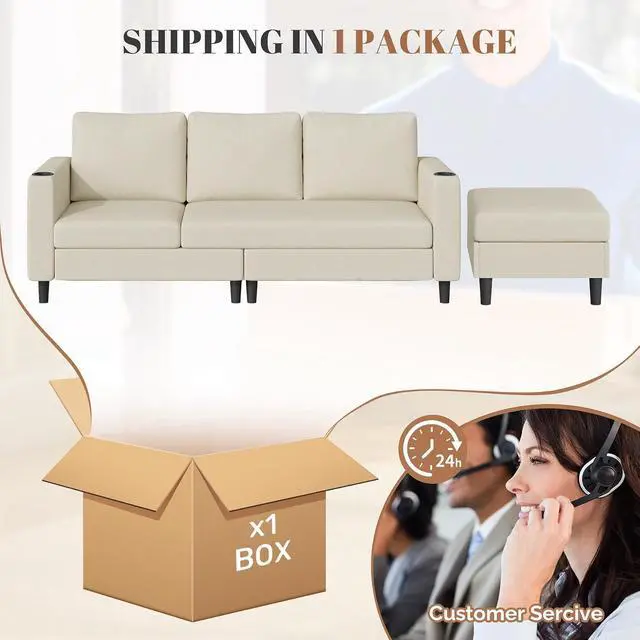Alt view image 5 of 7 - Upholstered Sectional Sofa and Couches, 78'' L Shaped 3-seat Sofa forLiving Room, Apartment, Lounge,Bedroom-Washable Covers Convertible Sofas(Linen Fabric,Beige