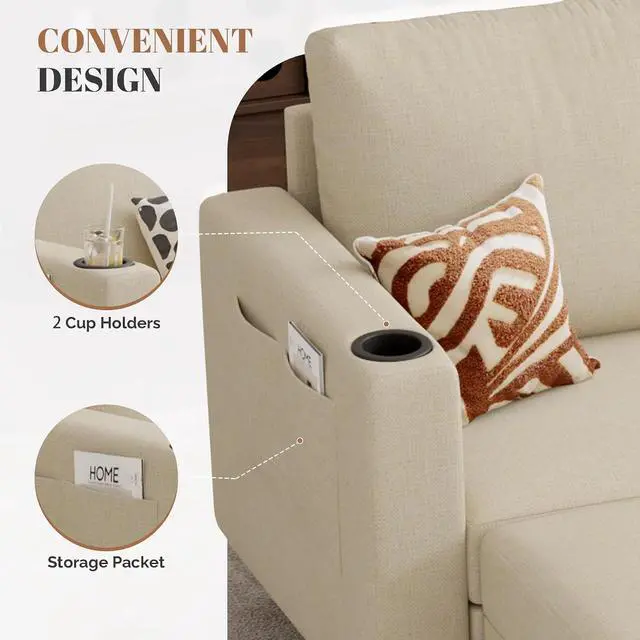 Alt view image 6 of 7 - Upholstered Sectional Sofa and Couches, 78'' L Shaped 3-seat Sofa forLiving Room, Apartment, Lounge,Bedroom-Washable Covers Convertible Sofas(Linen Fabric,Beige