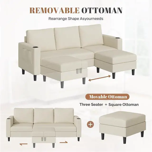 Alt view image 7 of 7 - Upholstered Sectional Sofa and Couches, 78'' L Shaped 3-seat Sofa forLiving Room, Apartment, Lounge,Bedroom-Washable Covers Convertible Sofas(Linen Fabric,Beige