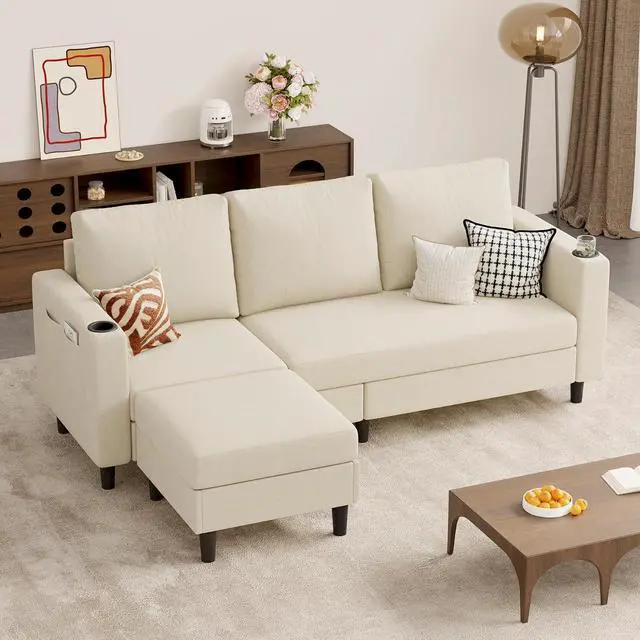 Main image of Upholstered Sectional Sofa and Couches, 78'' L Shaped 3-seat Sofa forLiving Room, Apartment, Lounge,Bedroom-Washable Covers Convertible Sofas(Linen Fabric,Beige