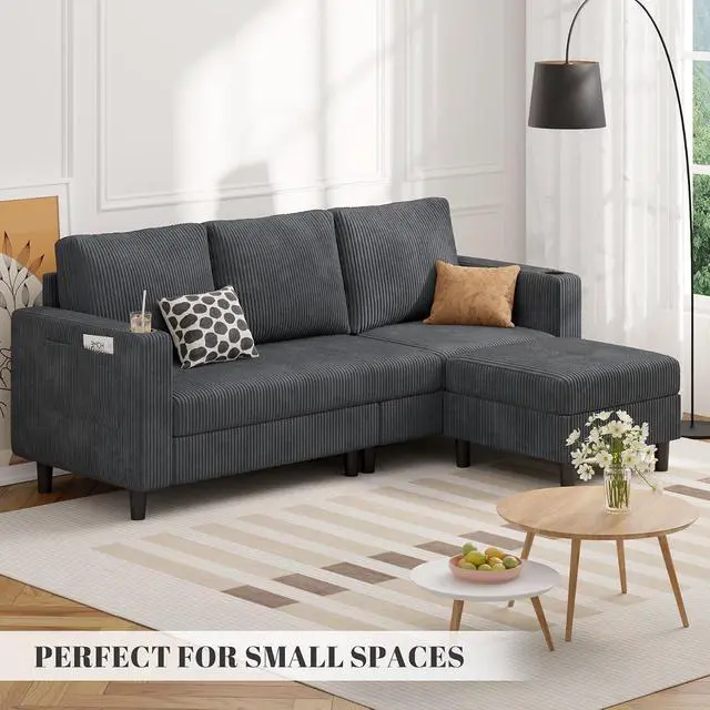 Alt view image 3 of 7 - Upholstered Sectional Sofa and Couches, 78'' L Shaped 3-seat Sofa forLiving Room, Apartment,Lounge,Bedroom-Washable Covers Convertible Sofas(Corduroy Fabric,Dark Gary)
