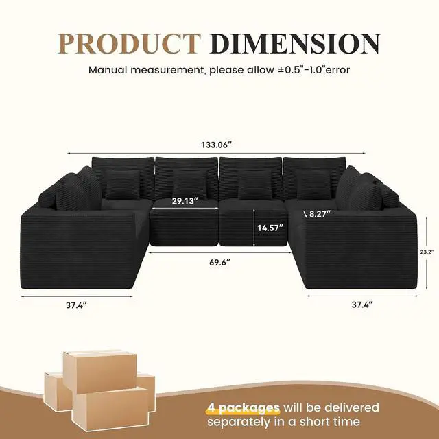 Alt view image 2 of 7 - Modern U Shaped Modular Sectional Sofa, Convertible Oversized Cloud Couches for Living Room, Comfy 8 Seater Corduroy Boneless Couch Sofa Set, No Assembly Required, Beige 1 PCS