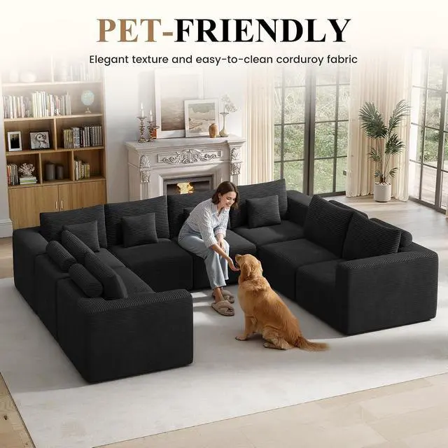 Alt view image 3 of 7 - Modern U Shaped Modular Sectional Sofa, Convertible Oversized Cloud Couches for Living Room, Comfy 8 Seater Corduroy Boneless Couch Sofa Set, No Assembly Required, Beige 1 PCS