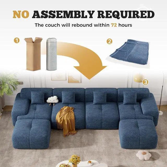 Alt view image 7 of 7 - 158" Modern U Shaped Modular Sectional Sofa, Boneless Couches for Living Room with Ottoman,6 Seater Convertible Chenille Cloud Couch Sofa Set, No Assembly Required, Blue 1 PCS