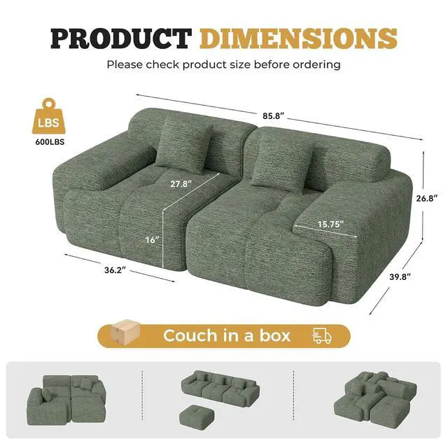 Alt view image 2 of 7 - 85" Cloud Loveseat Sofa in a Box, Modern Small Couch No Assembly Required, Comfy Deep Seat Boneless Couches for Living Room, Bedroom, Apartment, Green 1 PCS
