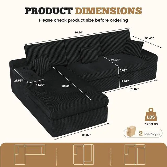 Alt view image 2 of 7 - 111" Modular Sectional Sofa for Living Room, Convertible L-Shape Couch with Ottoman,Cloud Boneless Couch with Layered Cushion,Black Corduroy