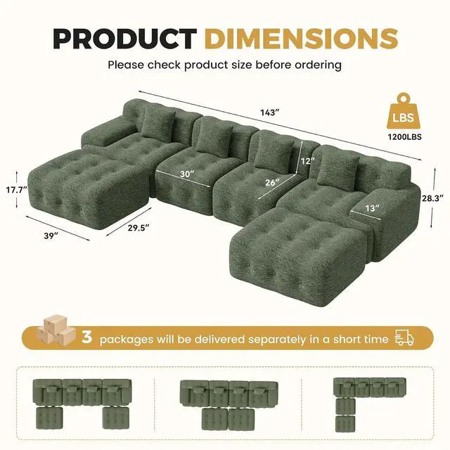 Alt view image 2 of 7 - 143" Modern Boneless Couches for Living Room, U Shaped Cloud Couch Sectional, Chenille Convertible Modular Sofa Set, No Assembly Required, Green 1 PCS