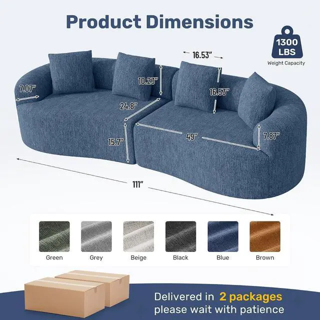 Alt view image 2 of 7 - 110 Modern Curved Sofa,Oversized Couch for Living Room,Cloud Couch with Boneless Couchs,Modular Sectional Sofa with Deep Seat,No Assembly Required,Dark Blue