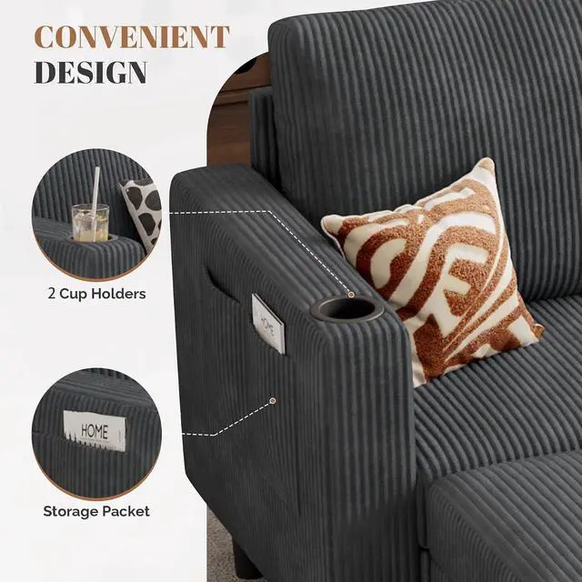 Alt view image 5 of 7 - Upholstered Sectional Sofa and Couches, 78'' L Shaped 3-seat Sofa forLiving Room, Apartment,Lounge,Bedroom-Washable Covers Convertible Sofas(Corduroy Fabric,Dark Gary)