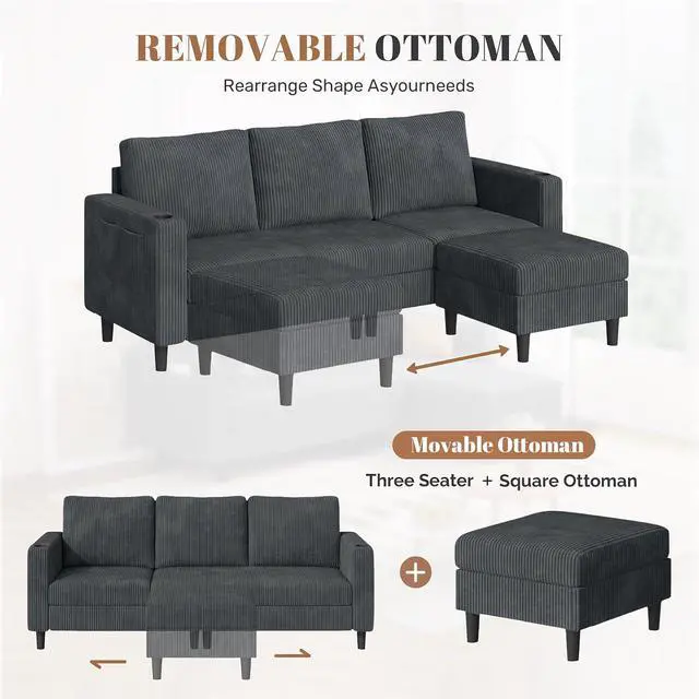 Alt view image 6 of 7 - Upholstered Sectional Sofa and Couches, 78'' L Shaped 3-seat Sofa forLiving Room, Apartment,Lounge,Bedroom-Washable Covers Convertible Sofas(Corduroy Fabric,Dark Gary)