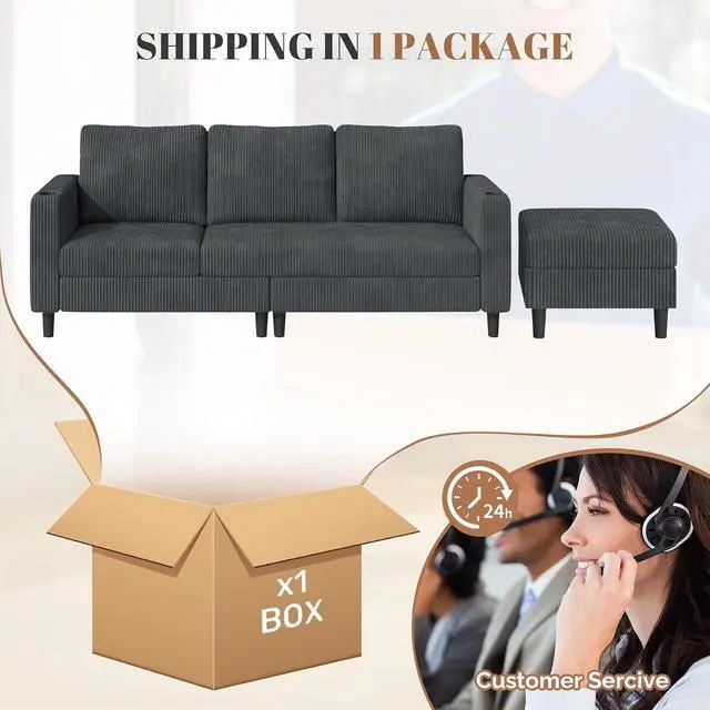 Alt view image 7 of 7 - Upholstered Sectional Sofa and Couches, 78'' L Shaped 3-seat Sofa forLiving Room, Apartment,Lounge,Bedroom-Washable Covers Convertible Sofas(Corduroy Fabric,Dark Gary)