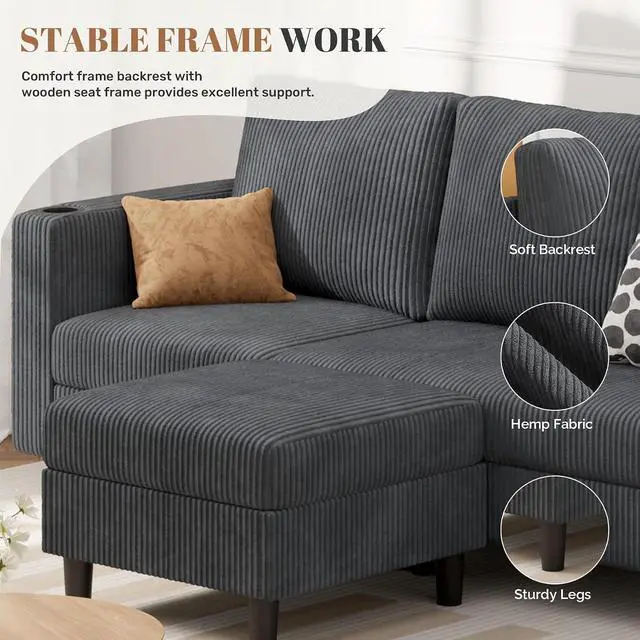 Alt view image 4 of 7 - Upholstered Sectional Sofa and Couches, 78'' L Shaped 3-seat Sofa forLiving Room, Apartment,Lounge,Bedroom-Washable Covers Convertible Sofas(Corduroy Fabric,Dark Gary)
