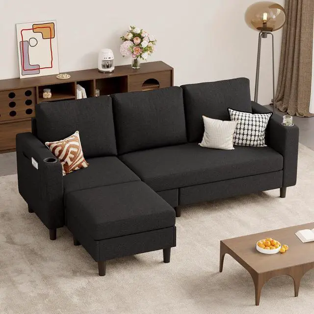 Main image of Upholstered Sectional Sofa and Couches, 78'' L Shaped 3-seat Sofa forLiving Room, Apartment,Lounge,Bedroom-Washable Covers Convertible Sofas(Linen Fabric,Black)