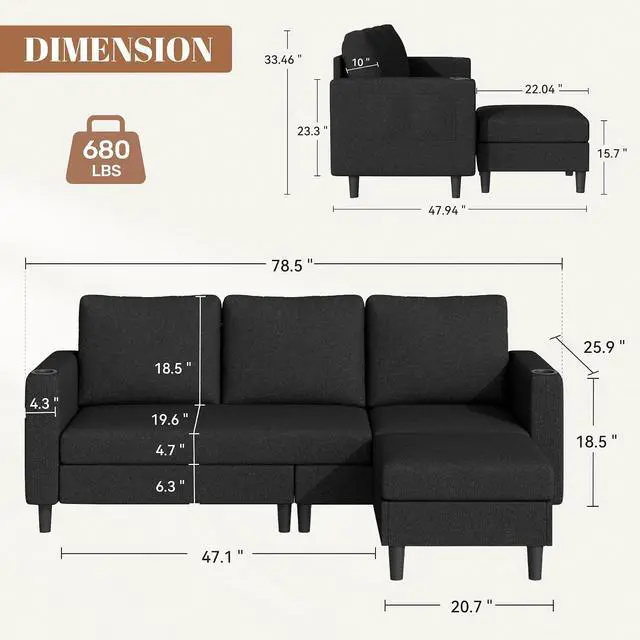 Alt view image 2 of 7 - Upholstered Sectional Sofa and Couches, 78'' L Shaped 3-seat Sofa forLiving Room, Apartment,Lounge,Bedroom-Washable Covers Convertible Sofas(Linen Fabric,Black)