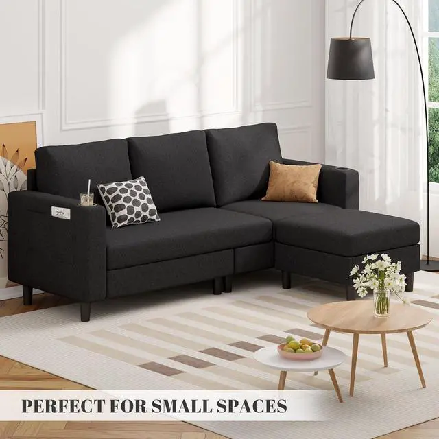 Alt view image 3 of 7 - Upholstered Sectional Sofa and Couches, 78'' L Shaped 3-seat Sofa forLiving Room, Apartment,Lounge,Bedroom-Washable Covers Convertible Sofas(Linen Fabric,Black)