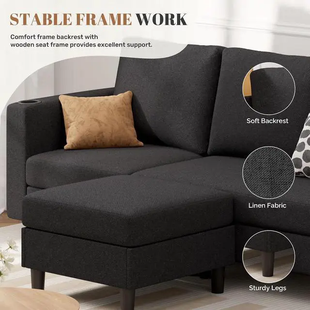 Alt view image 4 of 7 - Upholstered Sectional Sofa and Couches, 78'' L Shaped 3-seat Sofa forLiving Room, Apartment,Lounge,Bedroom-Washable Covers Convertible Sofas(Linen Fabric,Black)
