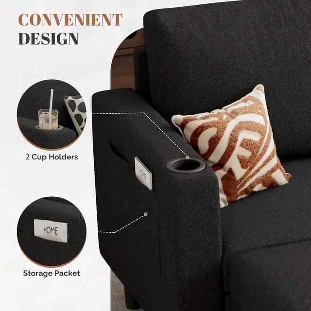 Alt view image 6 of 7 - Upholstered Sectional Sofa and Couches, 78'' L Shaped 3-seat Sofa forLiving Room, Apartment,Lounge,Bedroom-Washable Covers Convertible Sofas(Linen Fabric,Black)