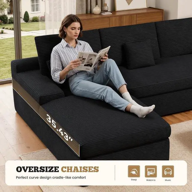 Alt view image 4 of 7 - 111" Modular Sectional Sofa for Living Room, Convertible L-Shape Couch with Ottoman,Cloud Boneless Couch with Layered Cushion,Black Corduroy