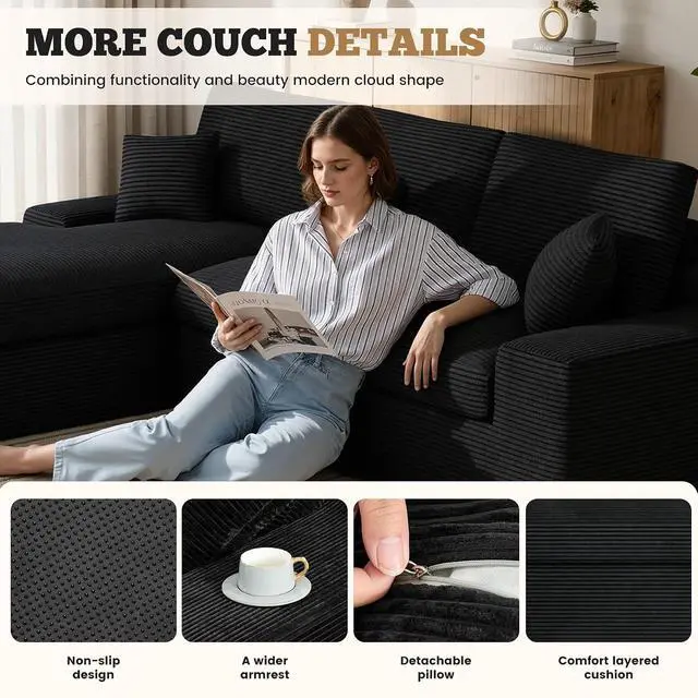 Alt view image 3 of 7 - 111" Modular Sectional Sofa for Living Room, Convertible L-Shape Couch with Ottoman,Cloud Boneless Couch with Layered Cushion,Black Corduroy