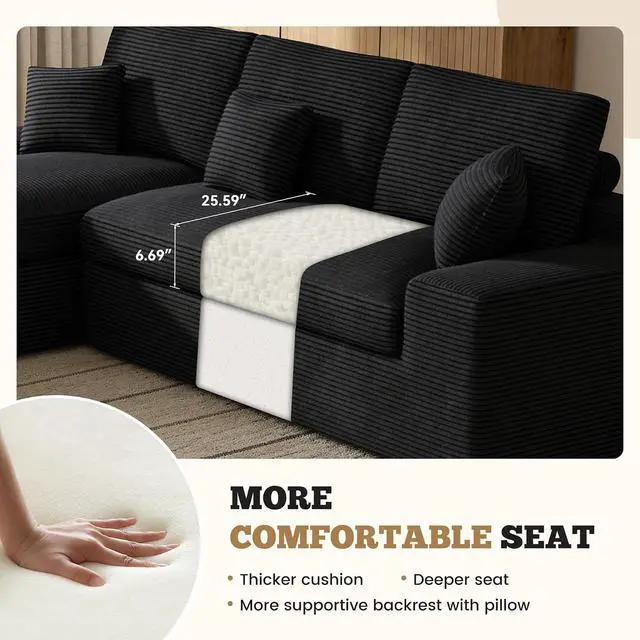 Alt view image 5 of 7 - 111" Modular Sectional Sofa for Living Room, Convertible L-Shape Couch with Ottoman,Cloud Boneless Couch with Layered Cushion,Black Corduroy