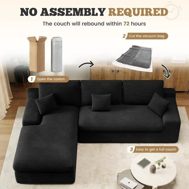 Alt view image 7 of 7 - 111" Modular Sectional Sofa for Living Room, Convertible L-Shape Couch with Ottoman,Cloud Boneless Couch with Layered Cushion,Black Corduroy