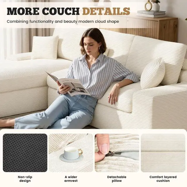 Alt view image 3 of 7 - 111" Modular Sectional Sofa for Living Room, Convertible L-Shape Couch with Ottoman,Cloud Boneless Couch with Layered Cushion,Beige Corduroy