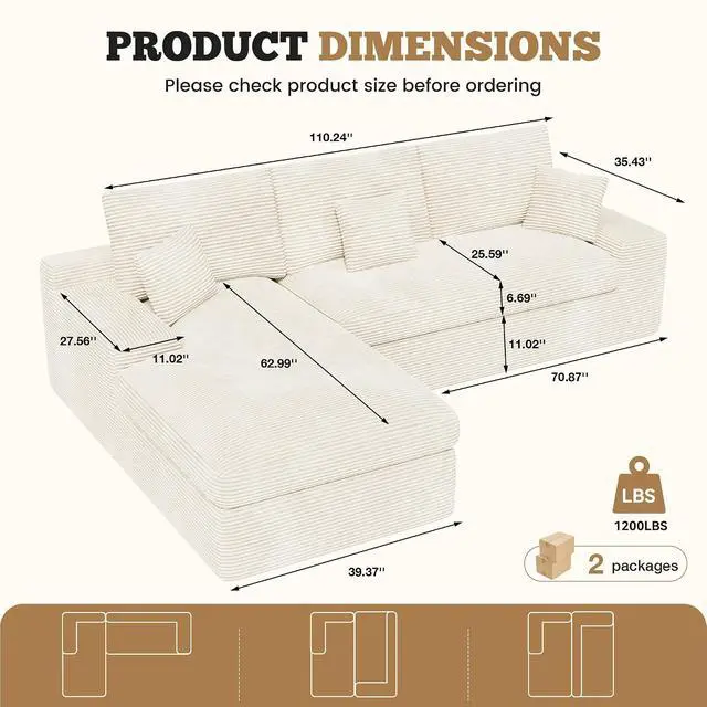 Alt view image 2 of 7 - 111" Modular Sectional Sofa for Living Room, Convertible L-Shape Couch with Ottoman,Cloud Boneless Couch with Layered Cushion,Beige Corduroy