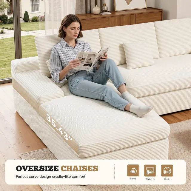 Alt view image 4 of 7 - 111" Modular Sectional Sofa for Living Room, Convertible L-Shape Couch with Ottoman,Cloud Boneless Couch with Layered Cushion,Beige Corduroy