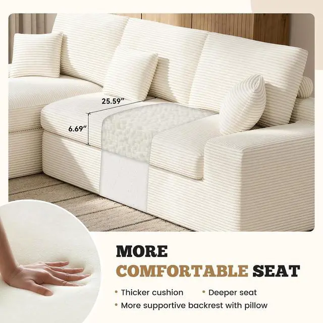 Alt view image 5 of 7 - 111" Modular Sectional Sofa for Living Room, Convertible L-Shape Couch with Ottoman,Cloud Boneless Couch with Layered Cushion,Beige Corduroy