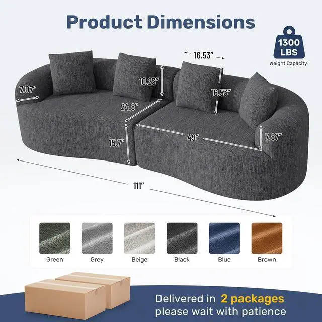 Alt view image 2 of 7 - 110 Modern Curved Sofa,Oversized Couch for Living Room,Cloud Couch with Boneless Couchs,Modular Sectional Sofa with Deep Seat,No Assembly Required,Black