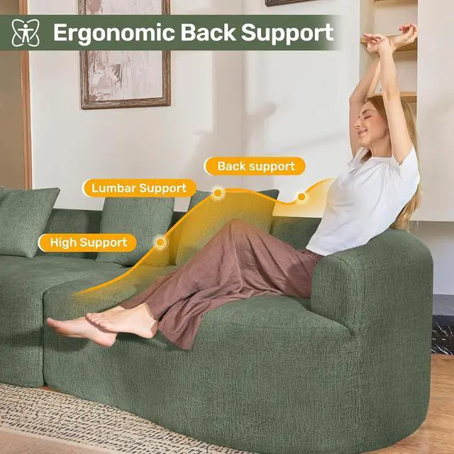 Alt view image 4 of 7 - Oversized 4-Seater Curved Sectional Sofa with Extra Deep Seats, Modern Cloud Couch with Boneless Couchs, Plush Chenille Upholstery, No Assembly Required,Green