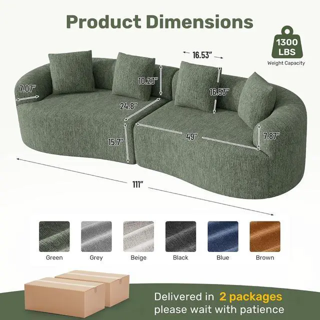 Alt view image 2 of 7 - Oversized 4-Seater Curved Sectional Sofa with Extra Deep Seats, Modern Cloud Couch with Boneless Couchs, Plush Chenille Upholstery, No Assembly Required,Green