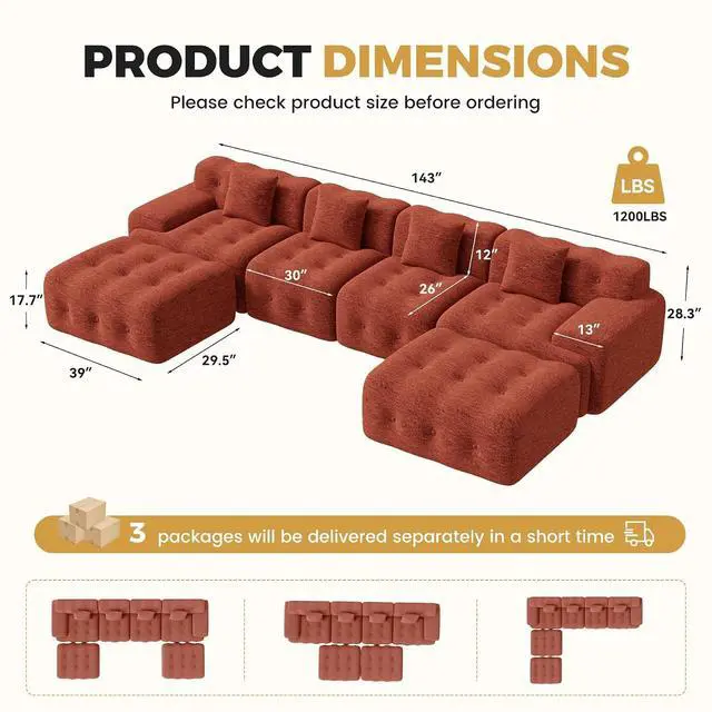 Alt view image 2 of 7 - 143" Modern Boneless Couches for Living Room, U Shaped Cloud Couch Sectional, Chenille Convertible Modular Sofa Set, No Assembly Required, Red Brown 1 PCS