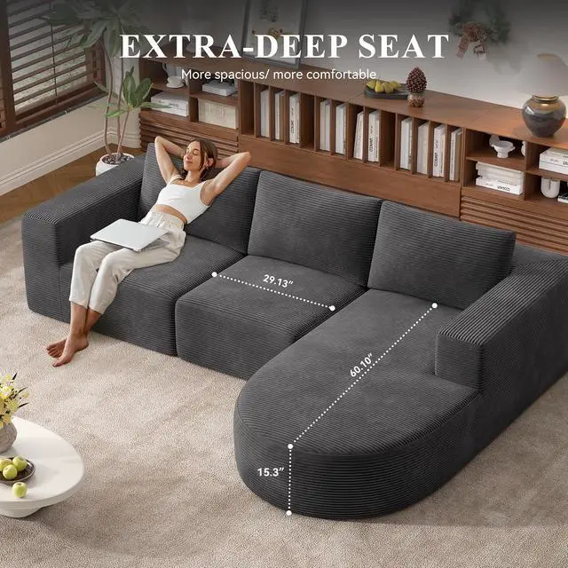 Alt view image 5 of 7 - L-Shaped Boneless Couch,104" Couches for Living Room with Curved Chaise,Modular Sectional Sofa with Deep Seat,Modern Cozy Cloud Compression Sofas,No Assembly Required(Gray) 1PCS