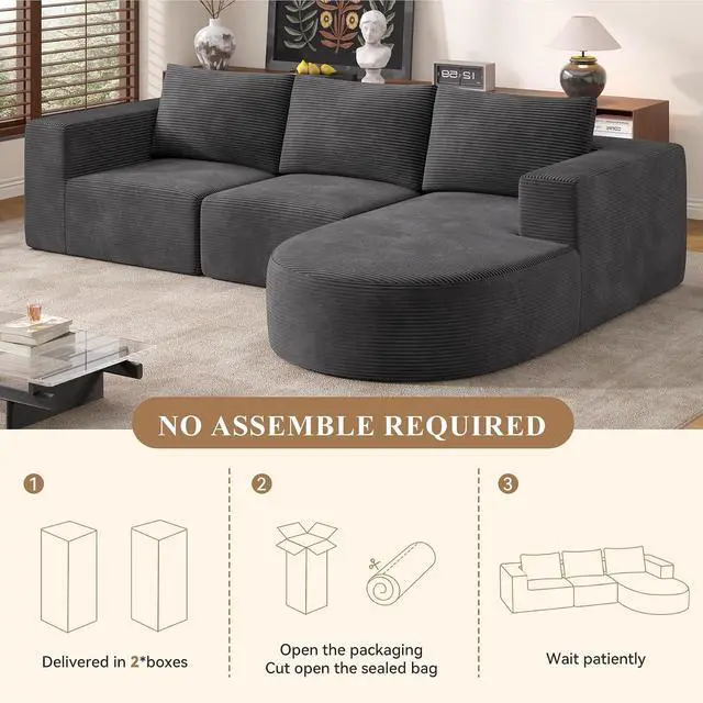 Alt view image 4 of 7 - L-Shaped Boneless Couch,104" Couches for Living Room with Curved Chaise,Modular Sectional Sofa with Deep Seat,Modern Cozy Cloud Compression Sofas,No Assembly Required(Gray) 1PCS