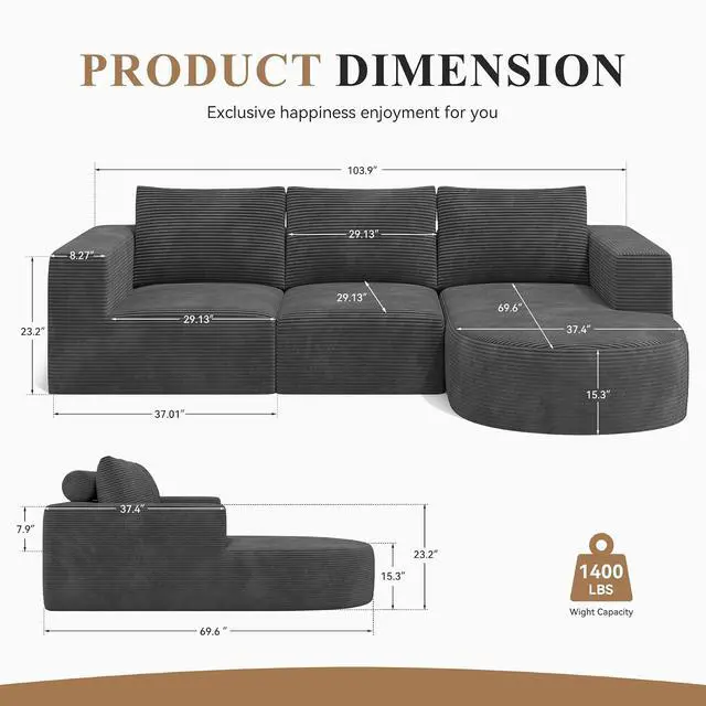 Alt view image 2 of 7 - L-Shaped Boneless Couch,104" Couches for Living Room with Curved Chaise,Modular Sectional Sofa with Deep Seat,Modern Cozy Cloud Compression Sofas,No Assembly Required(Gray) 1PCS