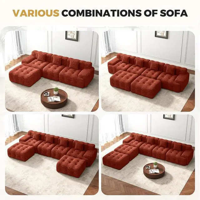 Alt view image 7 of 7 - 143" Modern Boneless Couches for Living Room, U Shaped Cloud Couch Sectional, Chenille Convertible Modular Sofa Set, No Assembly Required, Red Brown 1 PCS