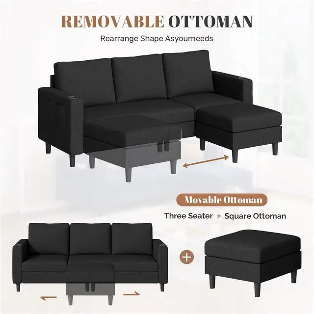 Alt view image 7 of 7 - Upholstered Sectional Sofa and Couches, 78'' L Shaped 3-seat Sofa forLiving Room, Apartment,Lounge,Bedroom-Washable Covers Convertible Sofas(Linen Fabric,Black)