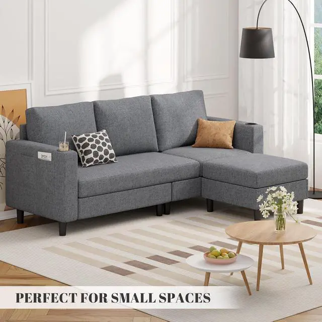 Alt view image 3 of 7 - Upholstered Sectional Sofa and Couches, 78'' L Shaped 3-seat Sofa forLiving Room, Apartment,Lounge,Bedroom-Washable Covers Convertible Sofas(Linen Fabric,Dark Gary)