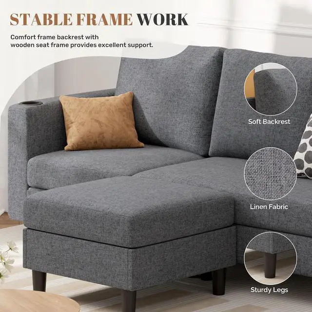 Alt view image 4 of 7 - Upholstered Sectional Sofa and Couches, 78'' L Shaped 3-seat Sofa forLiving Room, Apartment,Lounge,Bedroom-Washable Covers Convertible Sofas(Linen Fabric,Dark Gary)