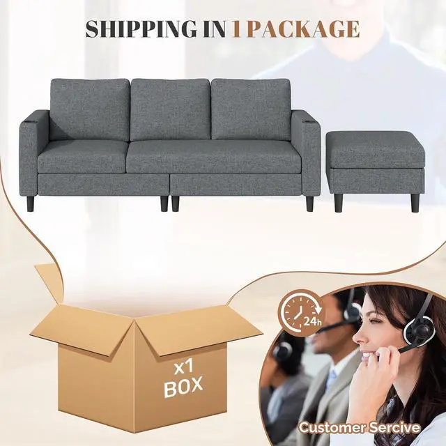 Alt view image 5 of 7 - Upholstered Sectional Sofa and Couches, 78'' L Shaped 3-seat Sofa forLiving Room, Apartment,Lounge,Bedroom-Washable Covers Convertible Sofas(Linen Fabric,Dark Gary)